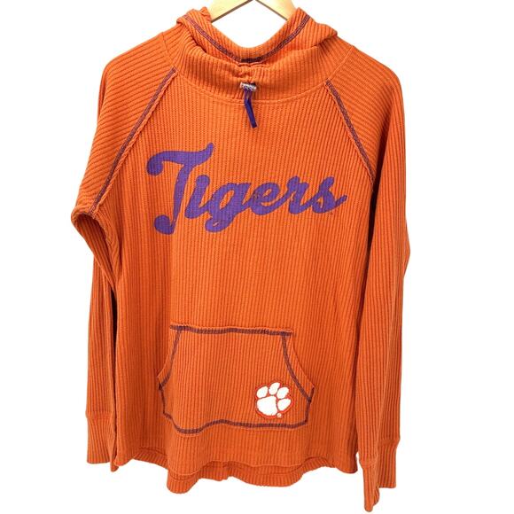 CLEMSON TIGERS Hoodie Womens Large Pullover Orange Waffle Knit Thumbholes - Picture 1 of 9